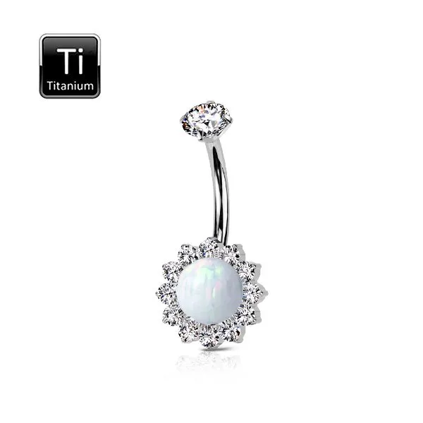 Piercing ombelico in titanio con fiore e pietra opale
