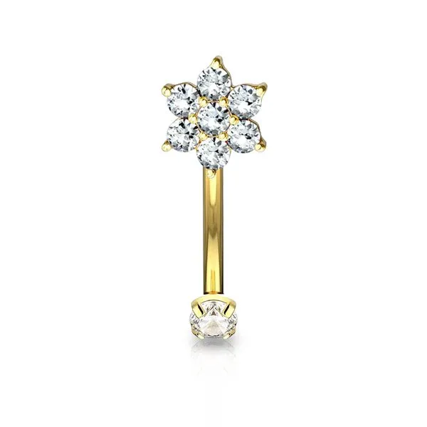Barra curva con fiore tempestata di zirconi MISURA 1.2 X 8 MM  COLORE ORO 