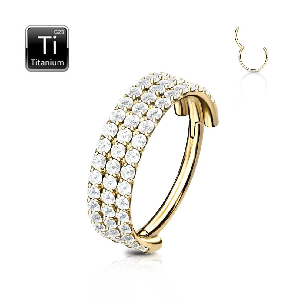 Cerchio in titanio con cerniera e tre file di cristalli misura 1.2 x 8 mm colore oro 