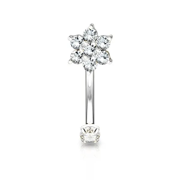 Barra curva con fiore tempestata di zirconi MISURA 1.2 X 8 MM  COLORE ARGENTO  