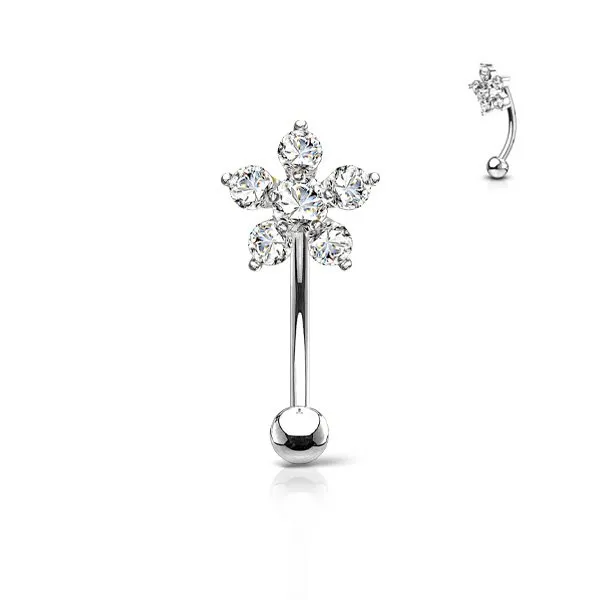 Barra curva con fiore tempestata di pietre misura 1.2 x 8 colore argento 