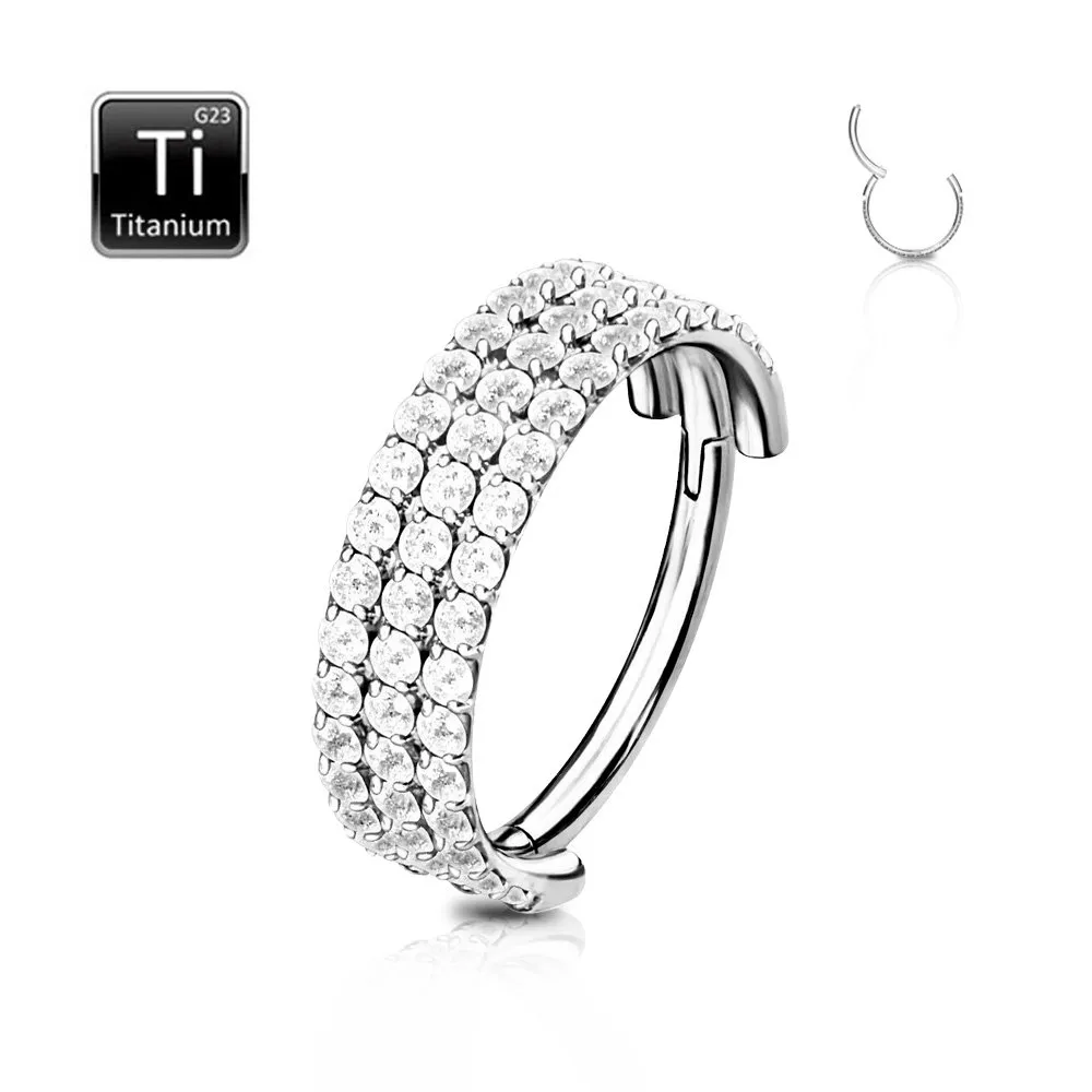  Cerchio in titanio con cerniera e tre file di cristalli misura 1.2 x 10 mm colore argento 